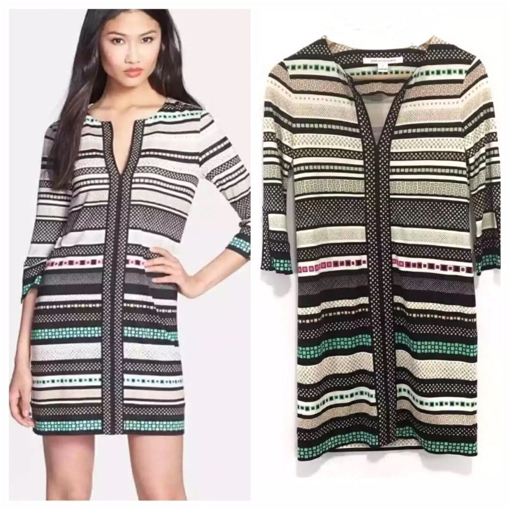 Diane Von Furstenberg Dress Rose Tunic Striped 3/4 Sleeve Jersey Silk